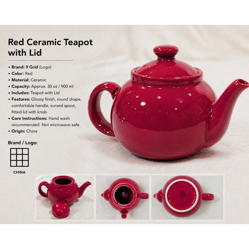 Crate & Barrel Red Ceramic Teapot Glossy Round Tea Pot with Lid Grid Logo China